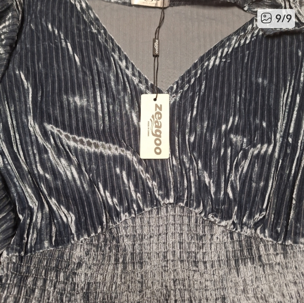 Zeagoo Vevlvet Metallic Light Blue Long Sleeve V neck Mini Dress Smocked Waist - Picture 5 of 9